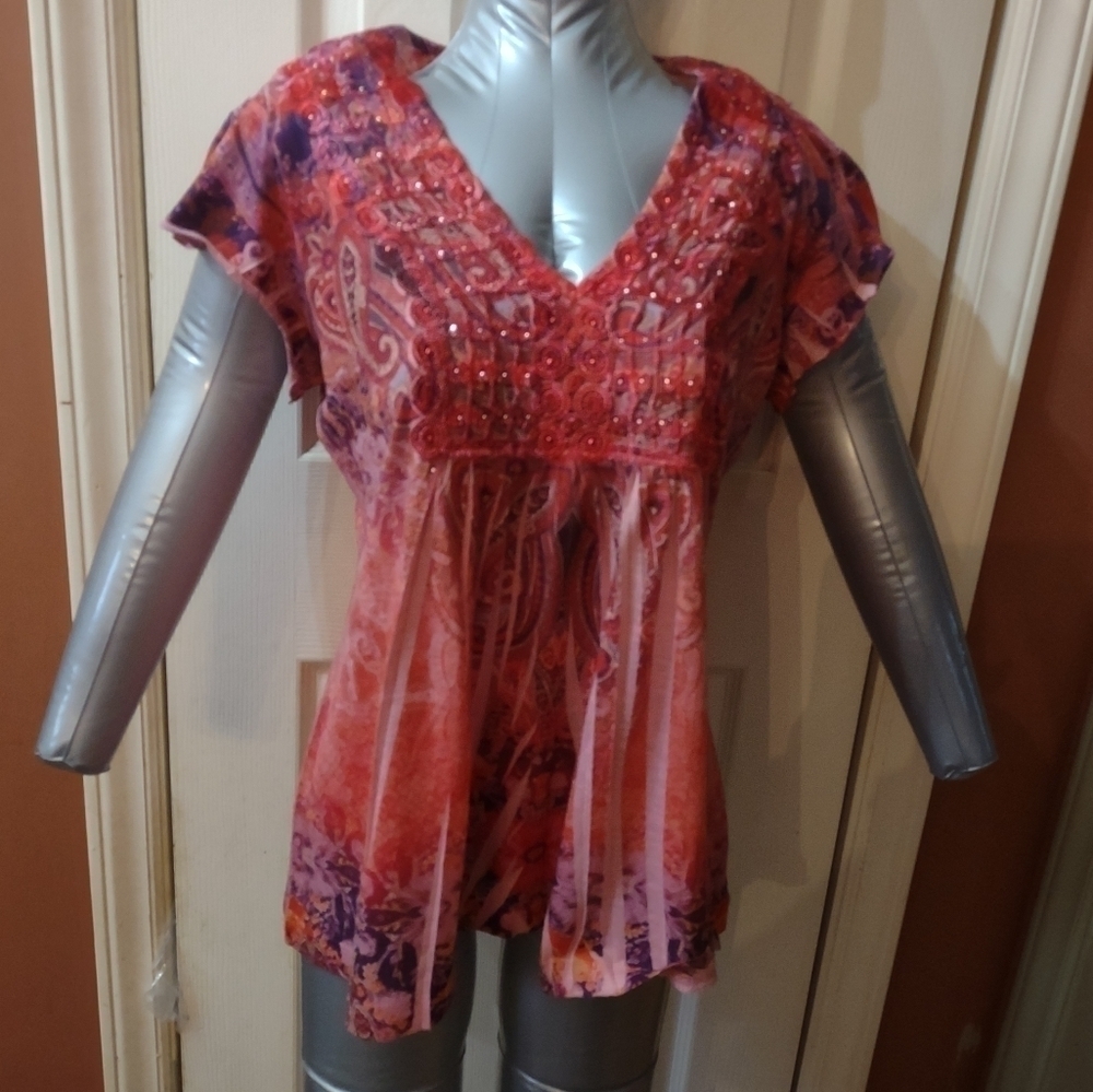 Energe World Wear woman's size large short sleeves blouse shirt top